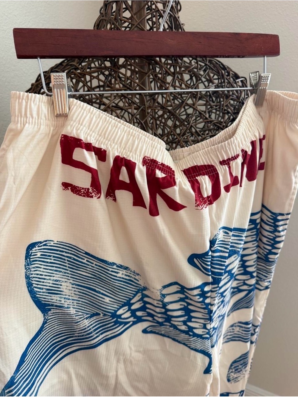Sardine Wide Leg Jumpsuit Pants in Cream with Blue Print - Picture 2 of 3